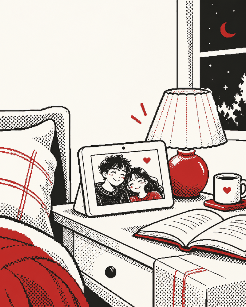 Pixel illustration of a photo frame beside a bed