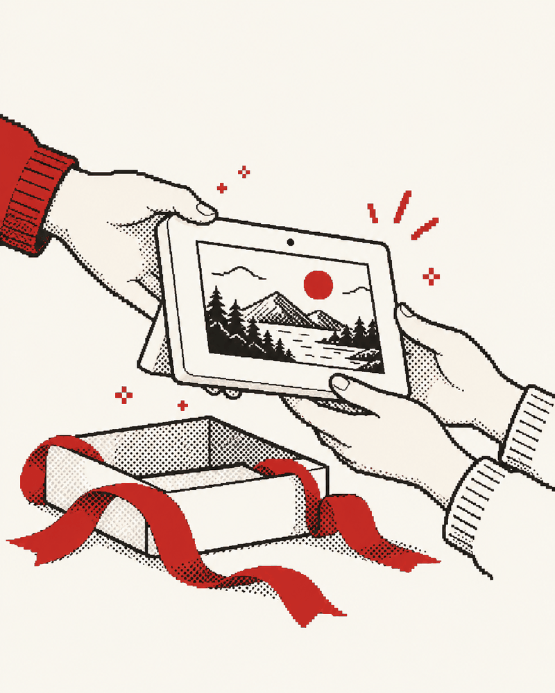 Pixel illustration of hands giving a small photo frame