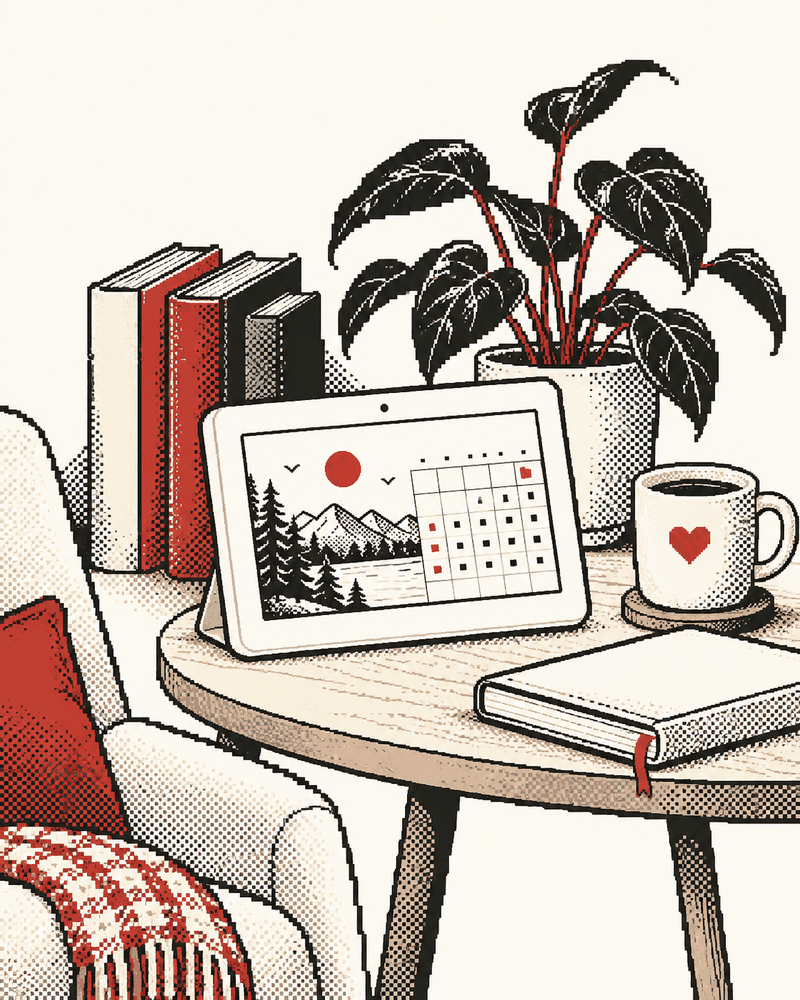 Pixel illustration of a calendar frame among books